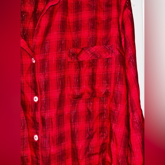 Victoria Secret Metallic Red Plaid Flannel PJ 2PC Pajama Set Women‎ L Lounging - Picture 6 of 15